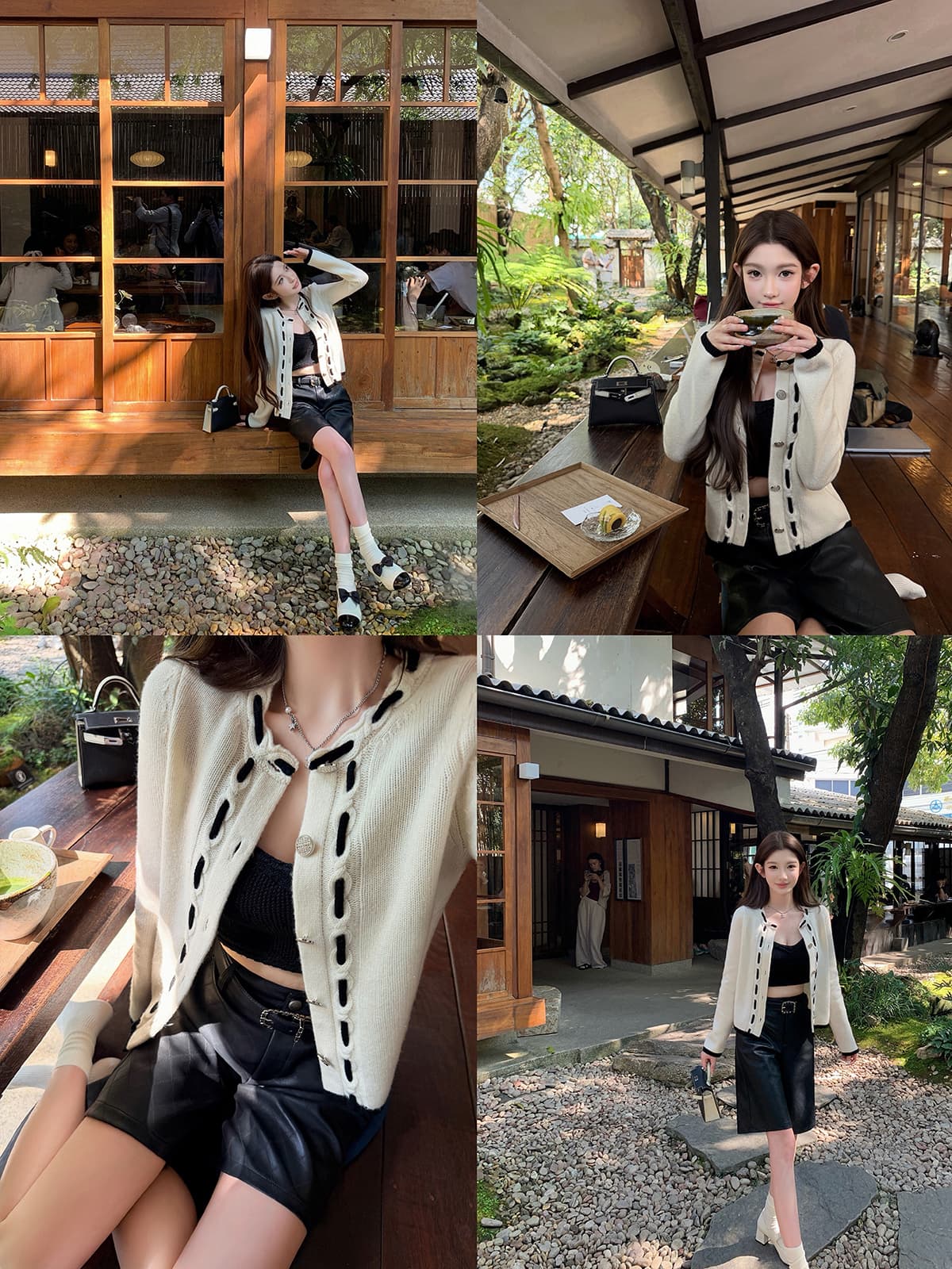 chicyou 착용 로프 디자인 샤오시엔 100 양 플러시 기초 다용도 흑인과 백인 패치워크 색상 니트 카디건 코트 이미지 5