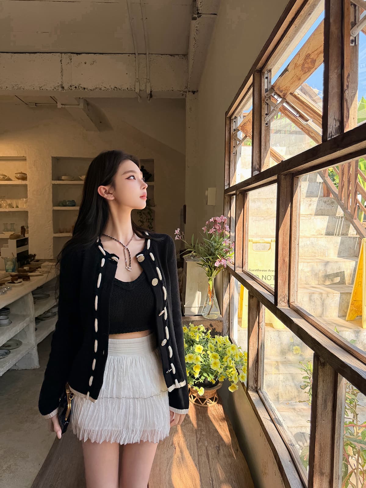 chicyou 착용 로프 디자인 샤오시엔 100 양 플러시 기초 다용도 흑인과 백인 패치워크 색상 니트 카디건 코트 상세 이미지 3