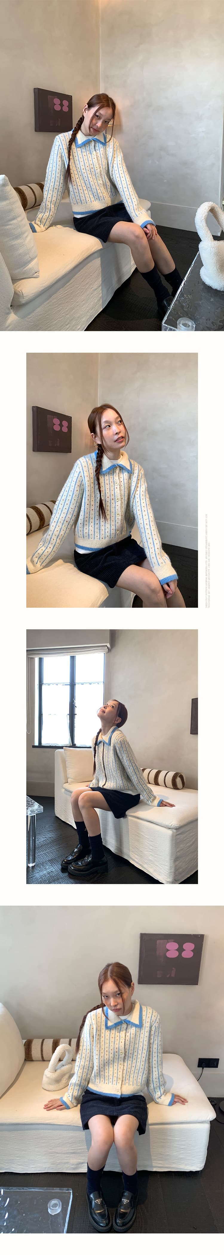 은하계 소다 녹색 밀 밀짚 세로 줄무늬 스웨터 오픈 가디건 니트 가을 겨울 재킷 느긋한 느슨함 센스 상세 이미지 2