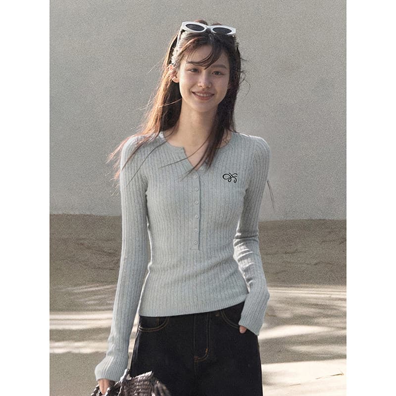해군 헨리 칼라 긴팔 니트 스웨터 여성 조기 봄 가을 긍정적 인 어깨 몸매 가꾸기 타이트 스웨터 인사이드 가져 가라. 기본 셔츠 맨위 이미지 5