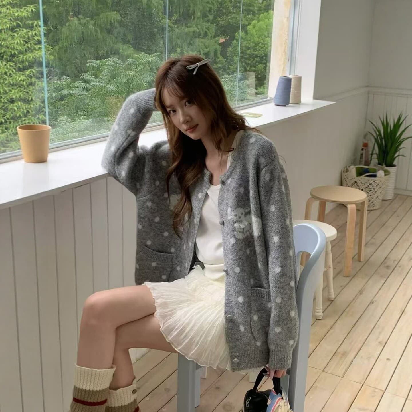 느긋한 바람 레트로 도트 무늬 어린 양 자카드 니트 오픈 가디건 여성 가을 새로운 빅 사이즈 루즈핏 스웨터 코트 맨위 상세 이미지 4