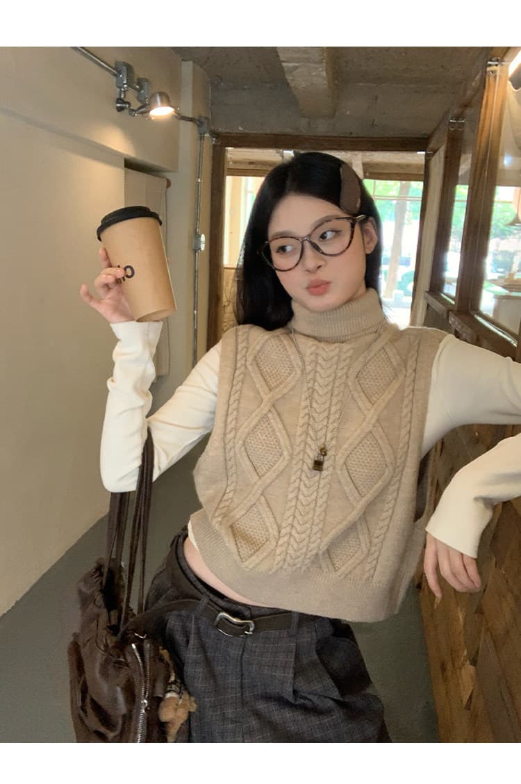 송 긍정적 인 En 밀크 티 색상 터틀넥 니트 베스트 조끼 여성 겨울 새로운 높음 지혜 센스 외출용 스택 착용 스웨터 맨위 상세 이미지 21
