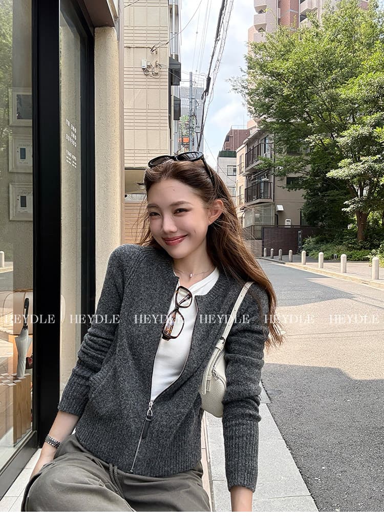 검은 콩 흠 페인 일기 품격 작은 원 칼라 지퍼 니트 오픈 가디건 미니멀리즘 쇼트 스타일 캐주얼 여성 코트 가을 상세 이미지 12