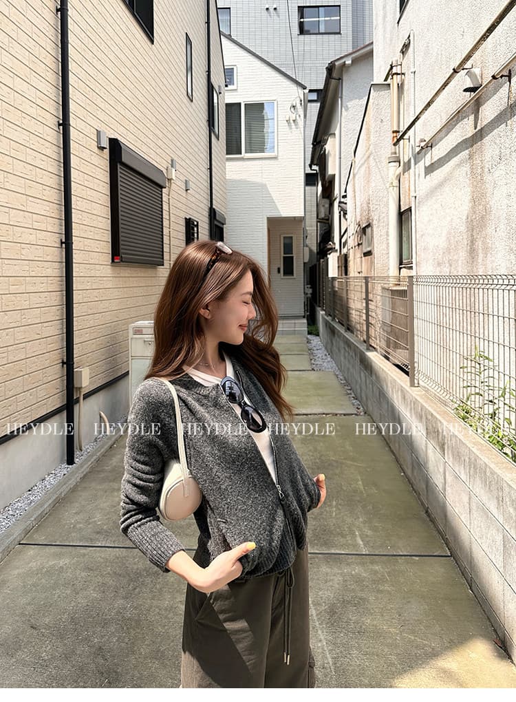 검은 콩 흠 페인 일기 품격 작은 원 칼라 지퍼 니트 오픈 가디건 미니멀리즘 쇼트 스타일 캐주얼 여성 코트 가을 상세 이미지 17