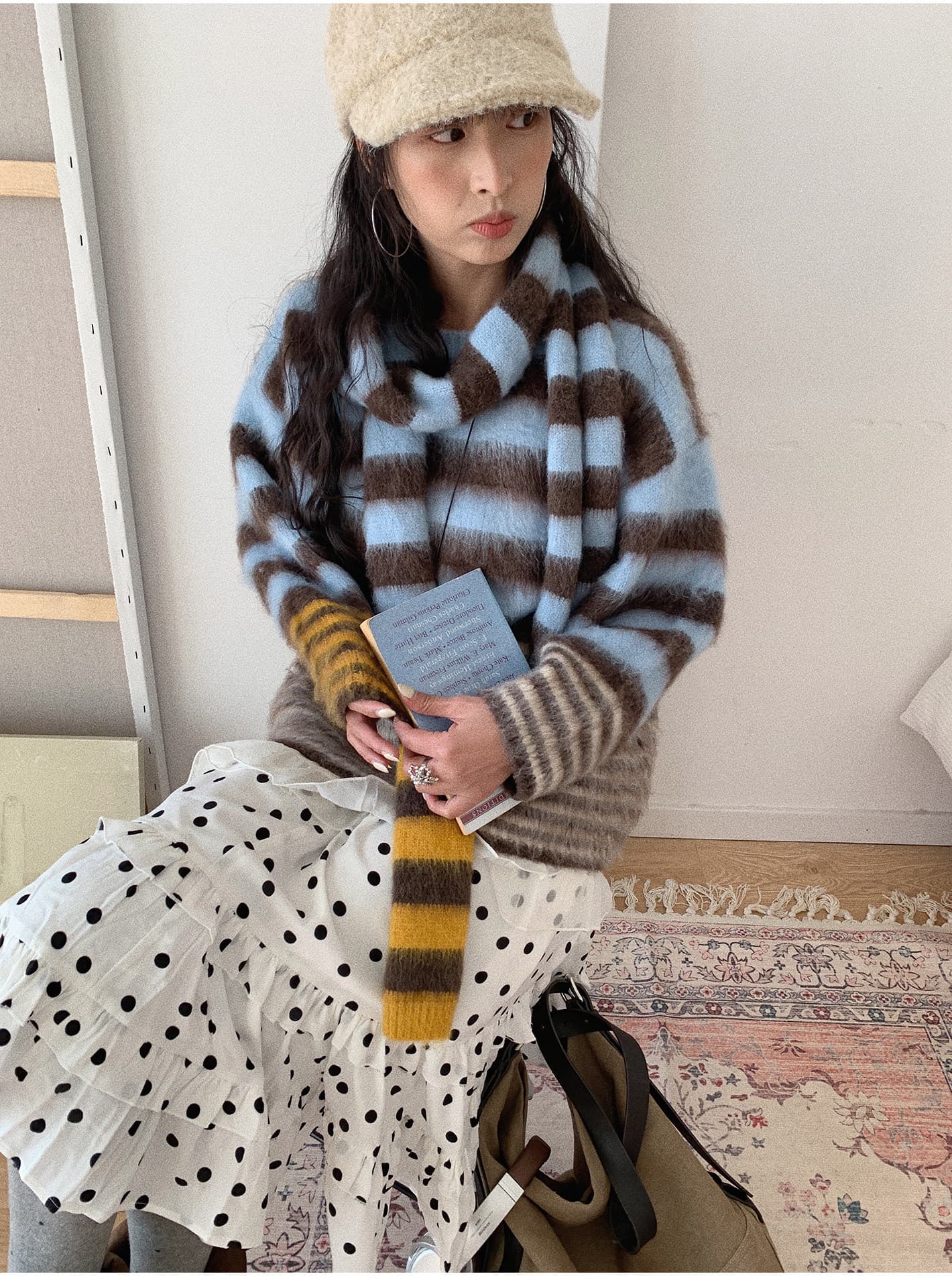 soloki 한 부서 레트로 학원 다용도 느긋한 스트라이프 블루 커피 배색 두꺼운 부드러운 찹쌀 풀오버 스카프 스웨터 상세 이미지 9