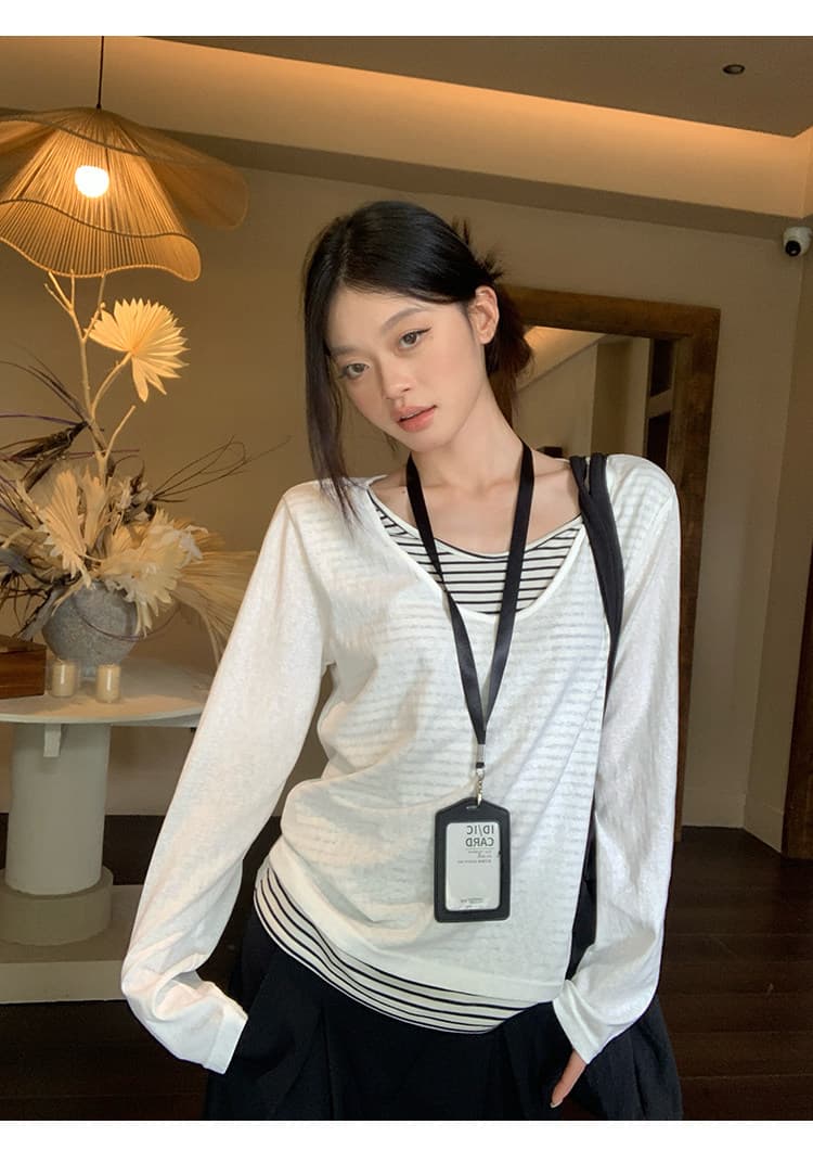 송 긍정적 인 En 회색 싸움 스트라이프 주간 실크 페이크 레이어드 긴팔 티셔츠 여성 가을 새로운 루즈핏 인사이드 가져 가라. 기본 셔츠 맨위 상세 이미지 4