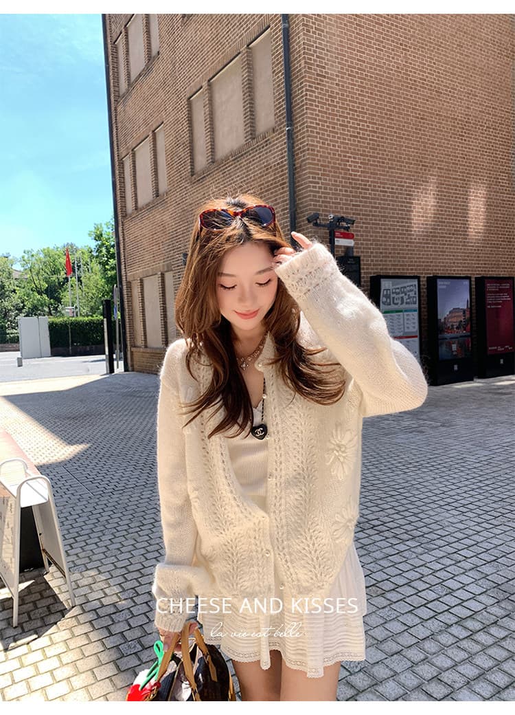 cheeseandkisses 꽃 객실 전복 약화 된 양모 영 마 하이 수공 자수 루즈핏 스웨터 오픈 가디건 상세 이미지 8