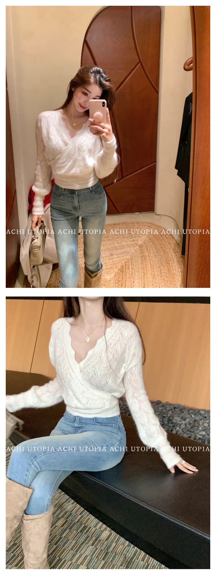 achi 대 또한 수영장 양 낙타 모헤어 화이트 V넥 홀로우 아웃 니트 기본 셔츠 맨위 여성 루즈핏 양모 스웨터 상세 이미지 8
