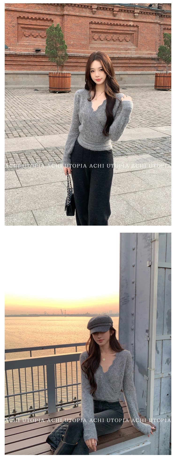 achi 대 또한 수영장 양 낙타 모헤어 화이트 V넥 홀로우 아웃 니트 기본 셔츠 맨위 여성 루즈핏 양모 스웨터 상세 이미지 16