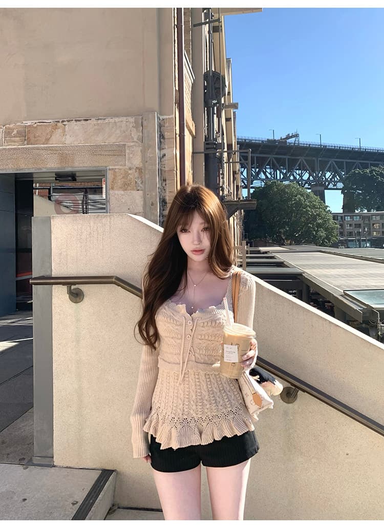 suuuicee 니켈 예 손 편지 이중층 니트 질감 패치워크 순수한 욕망 부서 벨트 측면 칼라 트위스트 꽃 풀오버 상세 이미지 5