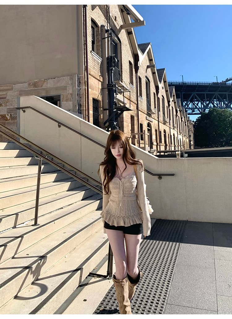 suuuicee 니켈 예 손 편지 이중층 니트 질감 패치워크 순수한 욕망 부서 벨트 측면 칼라 트위스트 꽃 풀오버 상세 이미지 8