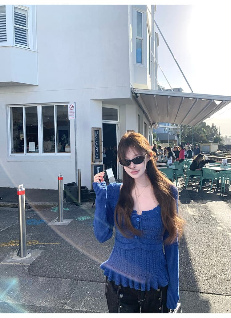 suuuicee 니켈 예 손 편지 이중층 니트 질감 패치워크 순수한 욕망 부서 벨트 측면 칼라 트위스트 꽃 풀오버 상세 이미지 14
