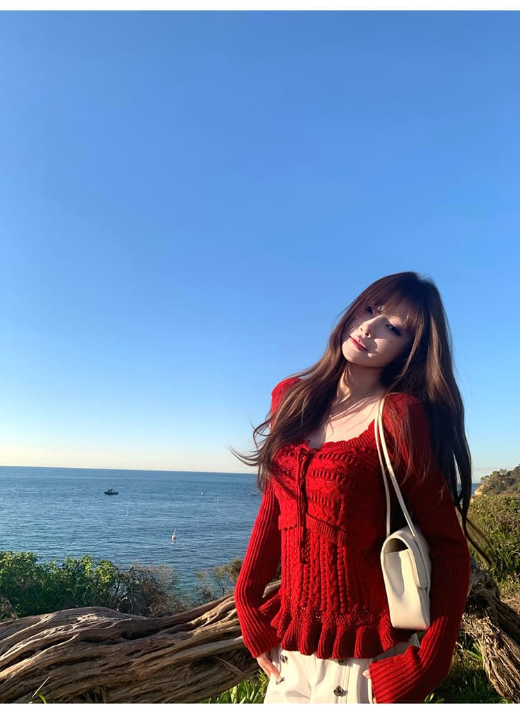 suuuicee 니켈 예 손 편지 이중층 니트 질감 패치워크 순수한 욕망 부서 벨트 측면 칼라 트위스트 꽃 풀오버 상세 이미지 31