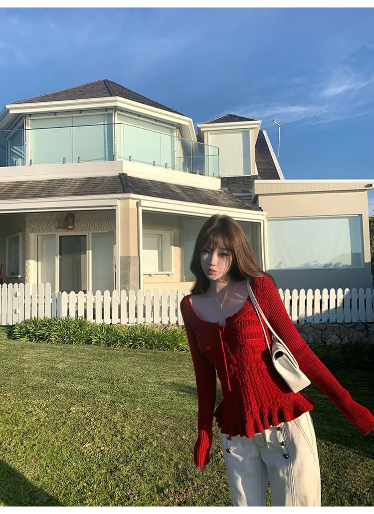 suuuicee 니켈 예 손 편지 이중층 니트 질감 패치워크 순수한 욕망 부서 벨트 측면 칼라 트위스트 꽃 풀오버 상세 이미지 34