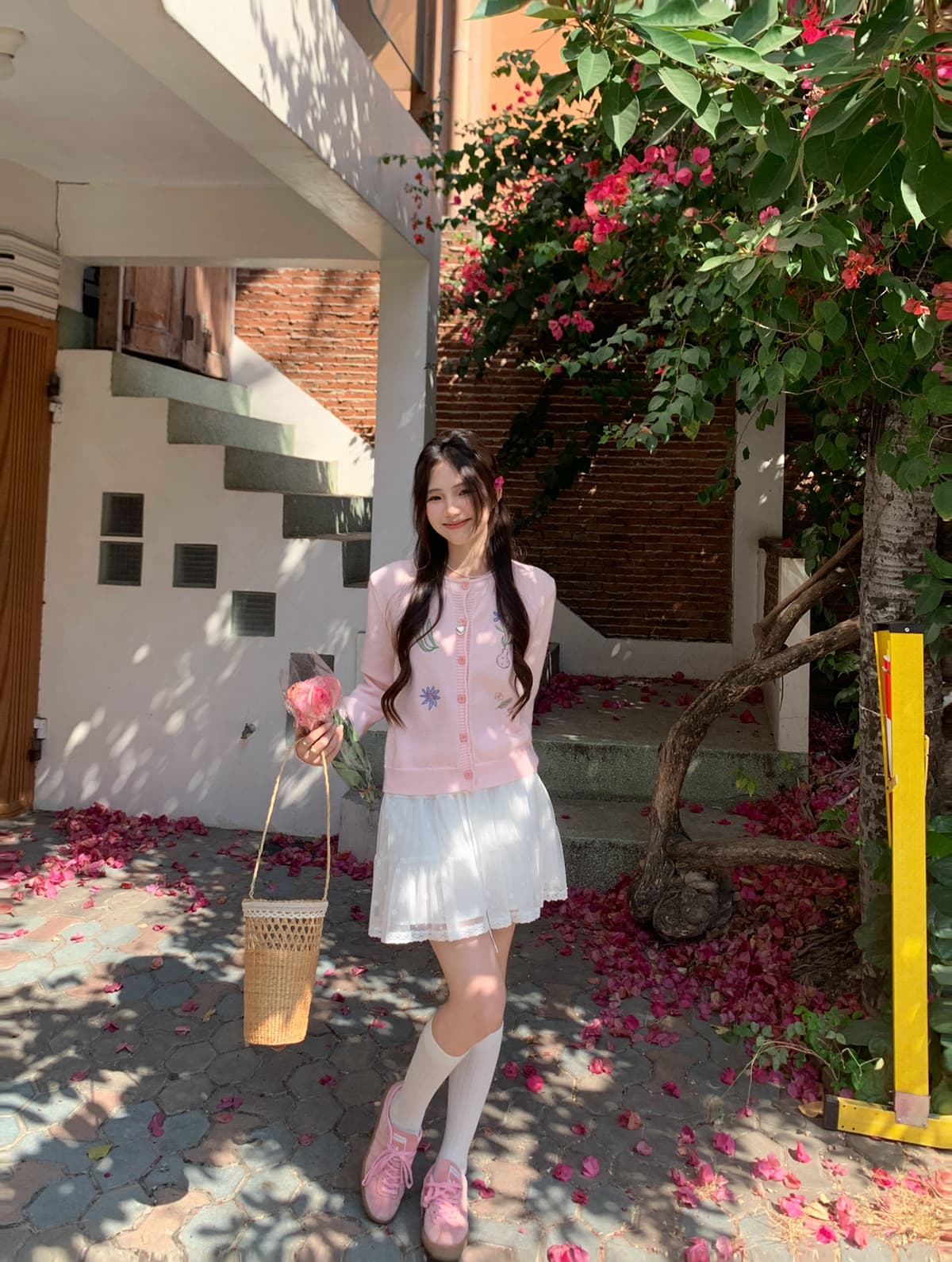 cozydays 핑크색 자수 작은 꽃 뒤집다 측면 칼라 니트 오픈 가디건 여성 봄 새로운 달콤함 연령 감소 스웨터 이미지 4