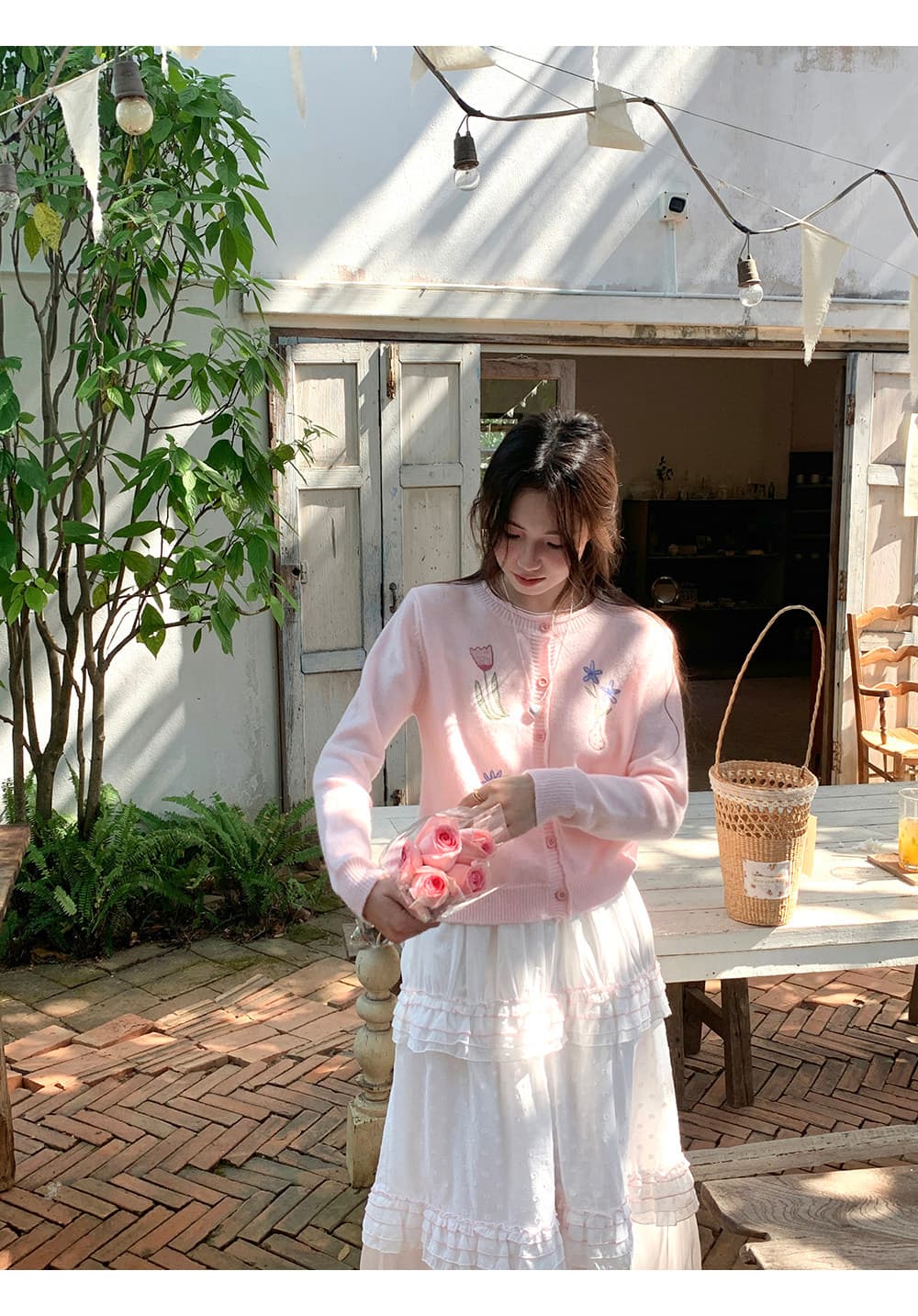 cozydays 핑크색 자수 작은 꽃 뒤집다 측면 칼라 니트 오픈 가디건 여성 봄 새로운 달콤함 연령 감소 스웨터 상세 이미지 4