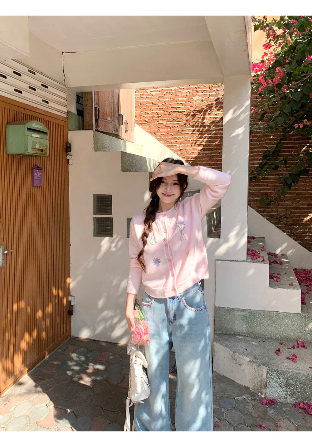 cozydays 핑크색 자수 작은 꽃 뒤집다 측면 칼라 니트 오픈 가디건 여성 봄 새로운 달콤함 연령 감소 스웨터 상세 이미지 8