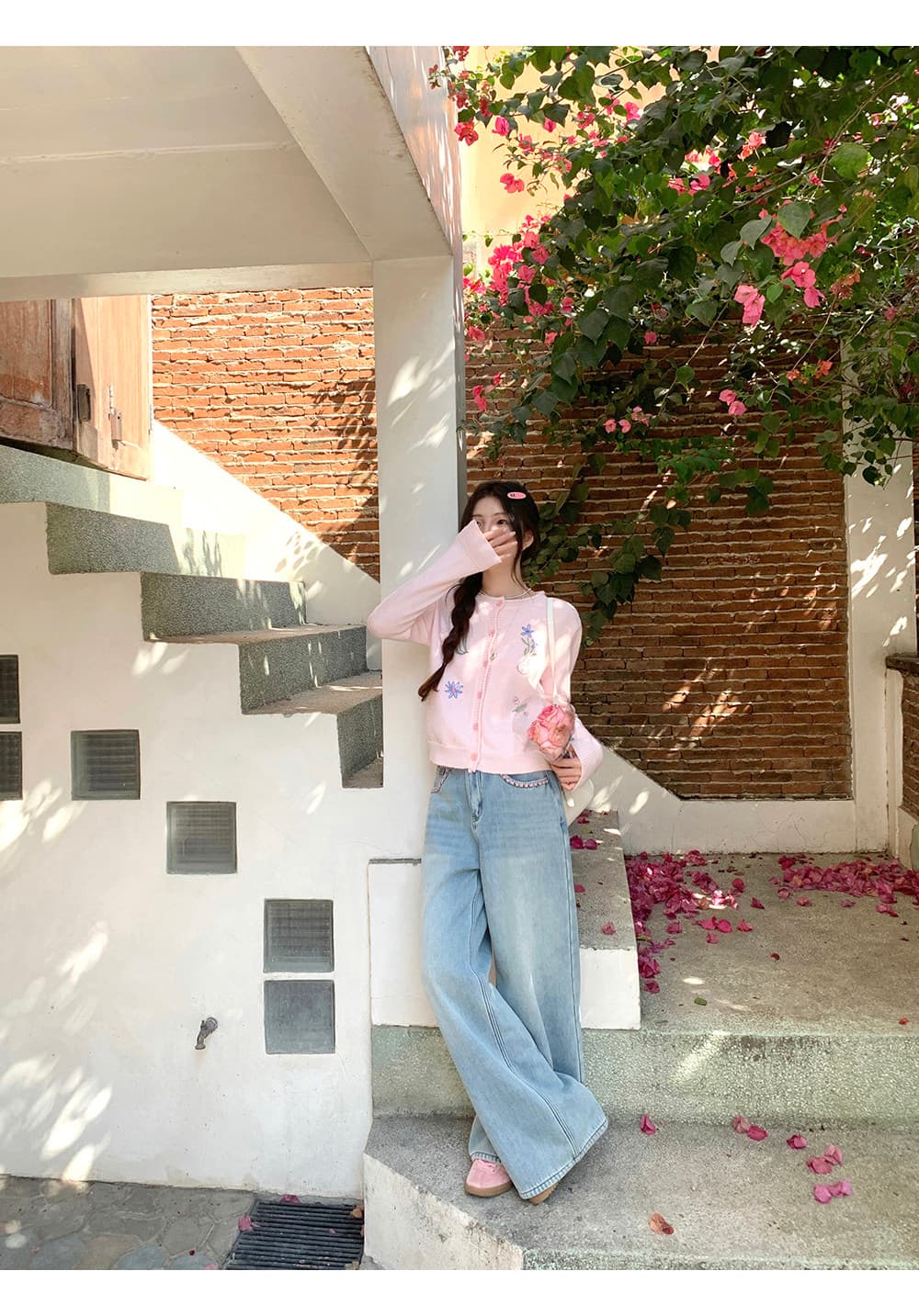 cozydays 핑크색 자수 작은 꽃 뒤집다 측면 칼라 니트 오픈 가디건 여성 봄 새로운 달콤함 연령 감소 스웨터 상세 이미지 17