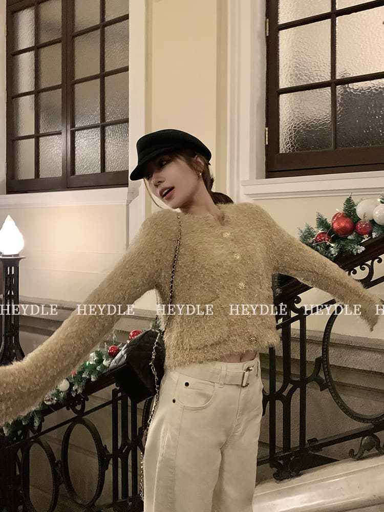 검은 콩 흠 윈저 그리드 레이 무거운 작업 클립 꽃 혼합 색상 분위기 센스 오픈 가디건 여성 가을 겨울철 외국 가스 광택 실 스웨터 상세 이미지 32