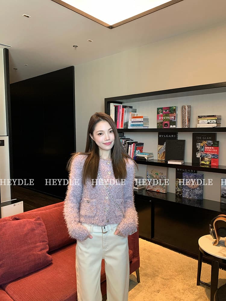검은 콩 흠 윈저 그리드 레이 무거운 작업 클립 꽃 혼합 색상 분위기 센스 오픈 가디건 여성 가을 겨울철 외국 가스 광택 실 스웨터 상세 이미지 40