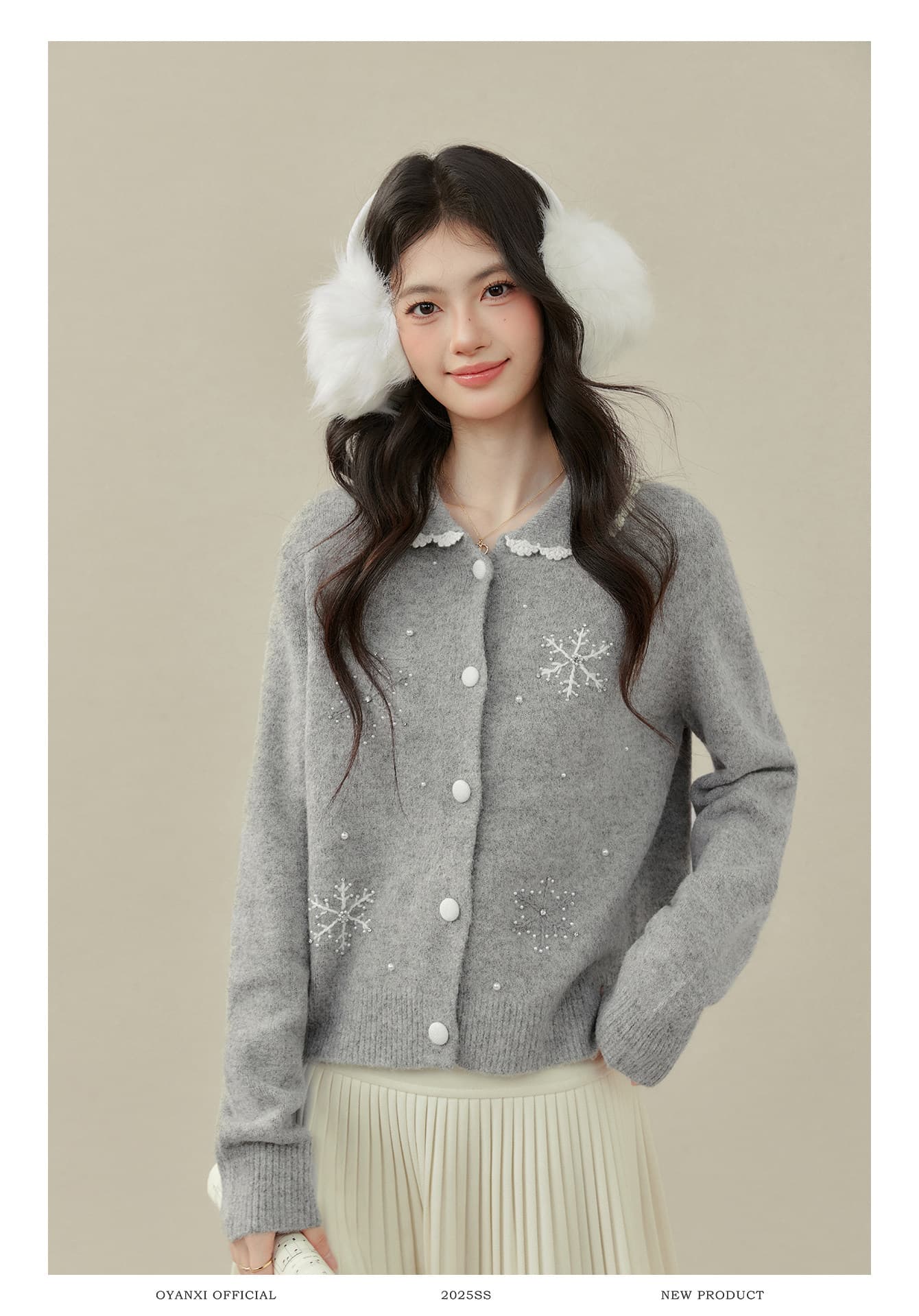 Ouyang 안녕하세요. 눈 상황 꿈 여행 폴로 칼라 스웨터 오픈 가디건 겨울 새로운 눈꽃 자수 인사이드 가져 가라. 회색 맨위 상세 이미지 5