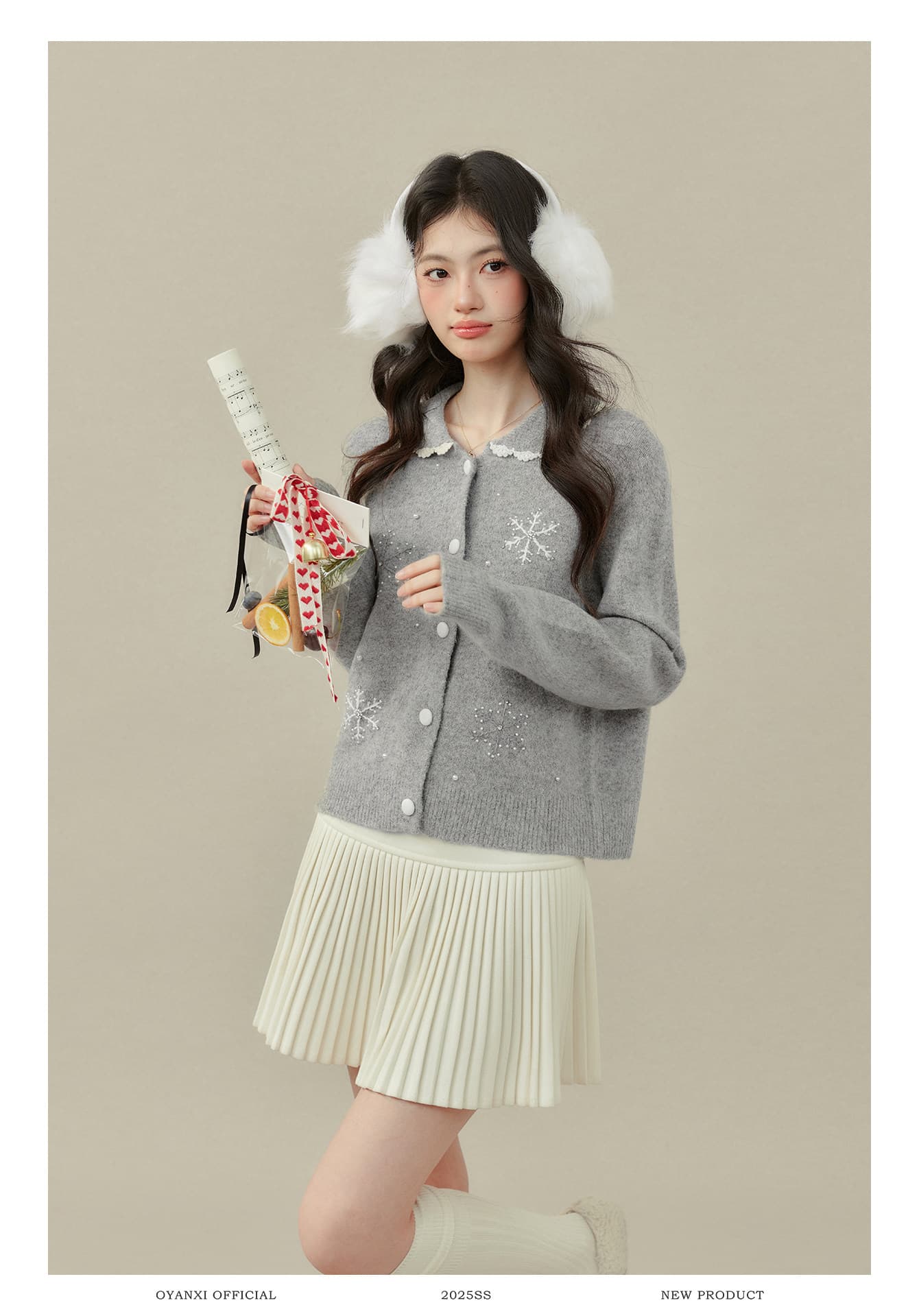 Ouyang 안녕하세요. 눈 상황 꿈 여행 폴로 칼라 스웨터 오픈 가디건 겨울 새로운 눈꽃 자수 인사이드 가져 가라. 회색 맨위 상세 이미지 10