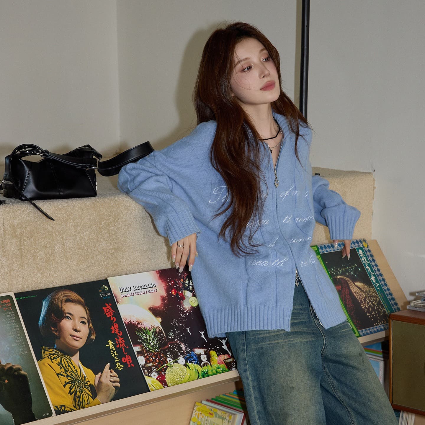 시끄러운 홈 이른 가을 지퍼 스웨터 여성 코트 한 부서 품격 파란색 탑 옷깃 루즈핏 캐주얼 니트 오픈 가디건 이미지 6