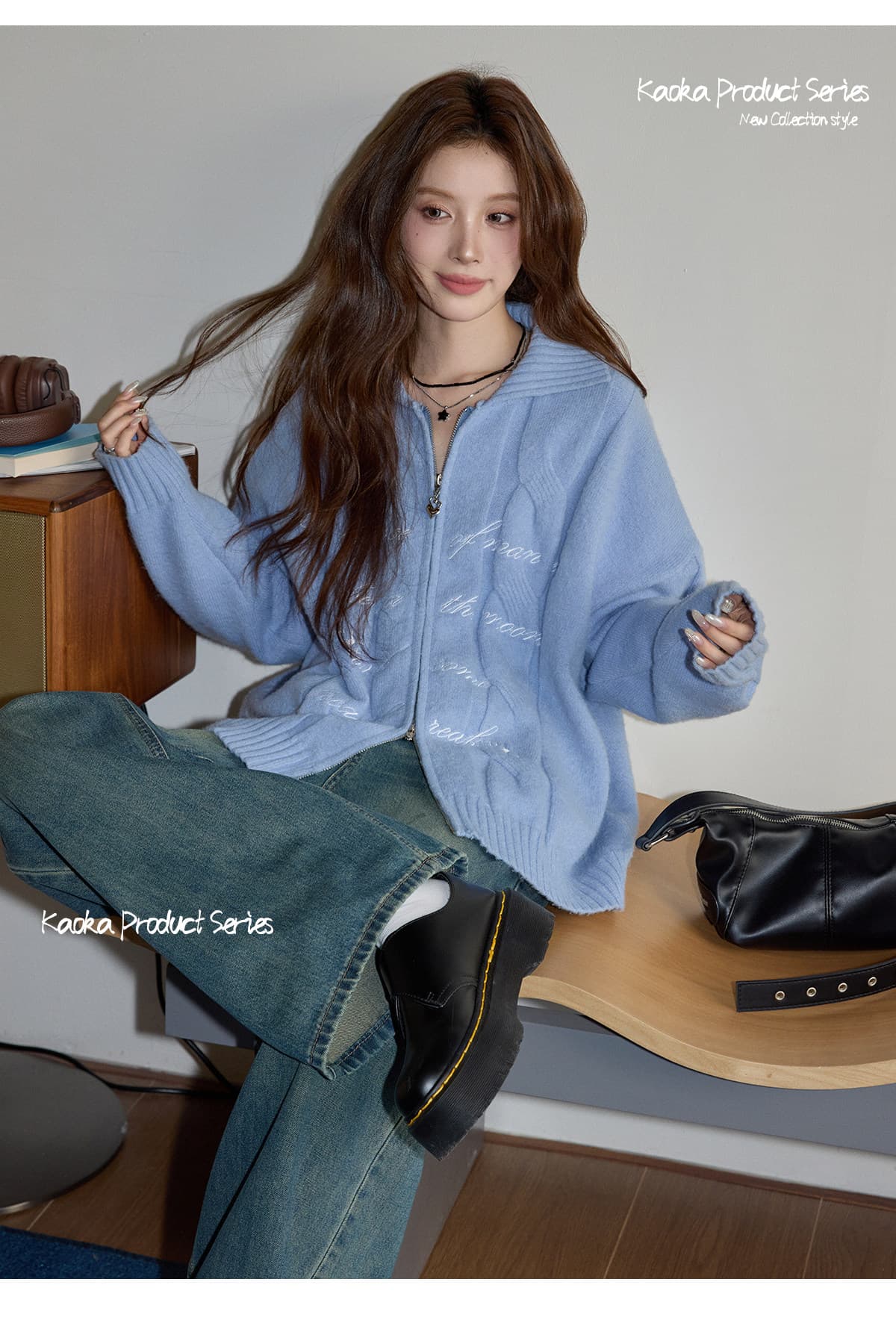 시끄러운 홈 이른 가을 지퍼 스웨터 여성 코트 한 부서 품격 파란색 탑 옷깃 루즈핏 캐주얼 니트 오픈 가디건 상세 이미지 2