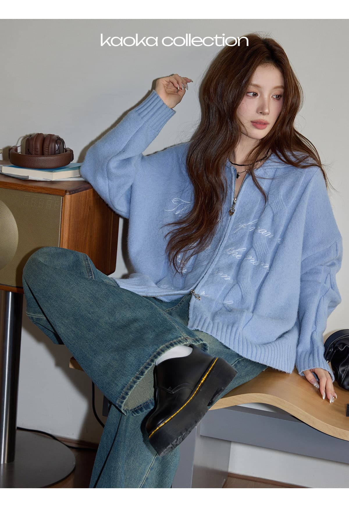 시끄러운 홈 이른 가을 지퍼 스웨터 여성 코트 한 부서 품격 파란색 탑 옷깃 루즈핏 캐주얼 니트 오픈 가디건 상세 이미지 5