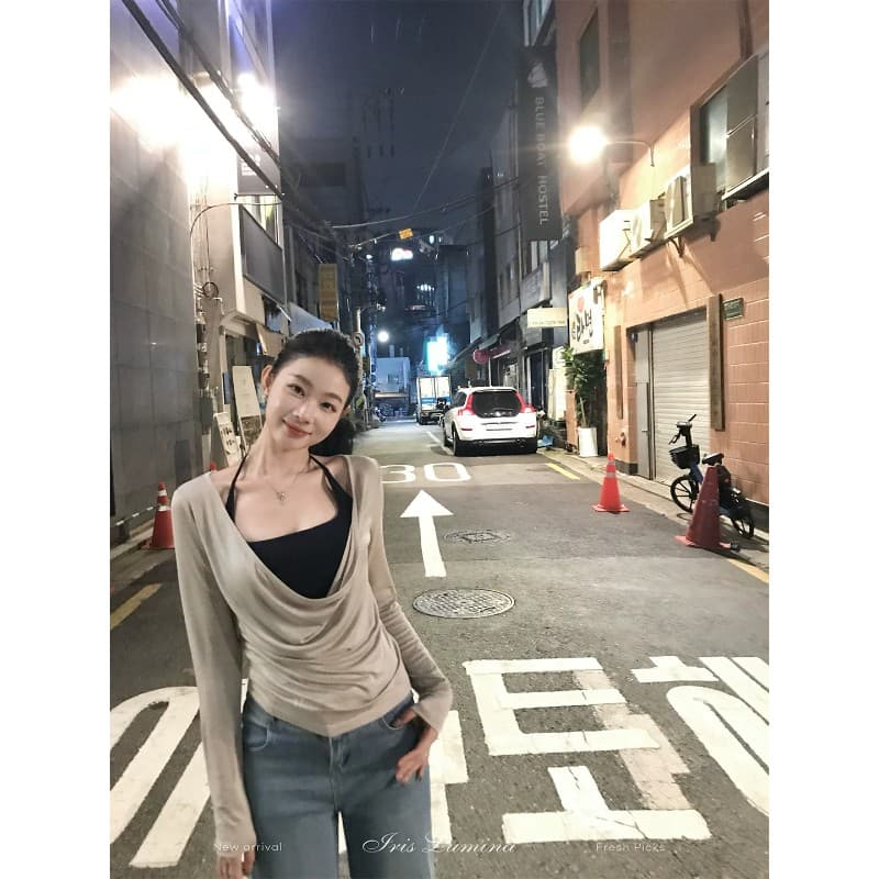 iris lumina 예약하기 어둡고 조용한 스택 음악 가면 의류 긴팔 블라우스 티셔츠 여성 겨울 흔들다 칼라 사실 두 조각 맨위 이미지 2