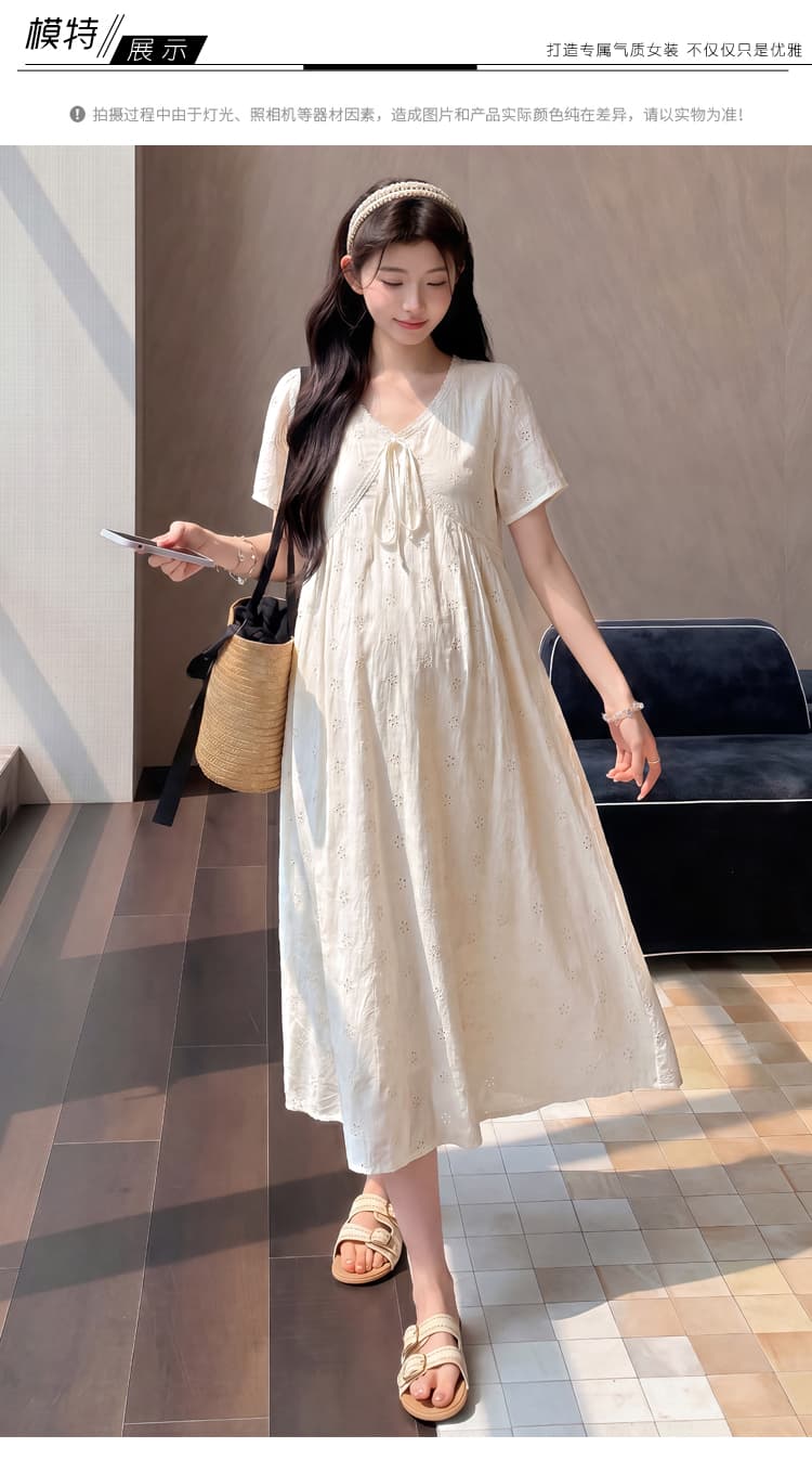 실사 임산부 여름 섹션 프랑스식 무거운 작업 홀로우 아웃 자수 슬림해 보이는 V넥 편안함 드레스 상세 이미지 13