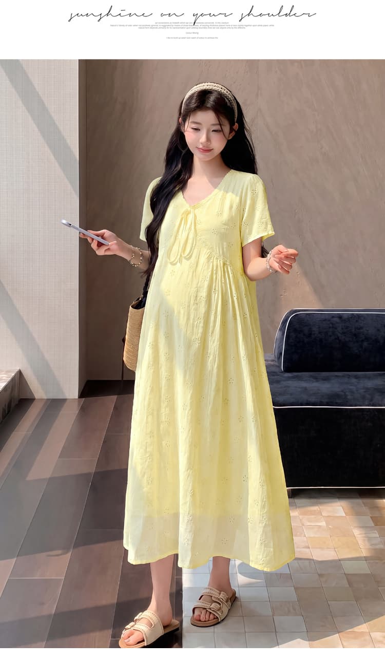 실사 임산부 여름 섹션 프랑스식 무거운 작업 홀로우 아웃 자수 슬림해 보이는 V넥 편안함 드레스 상세 이미지 18