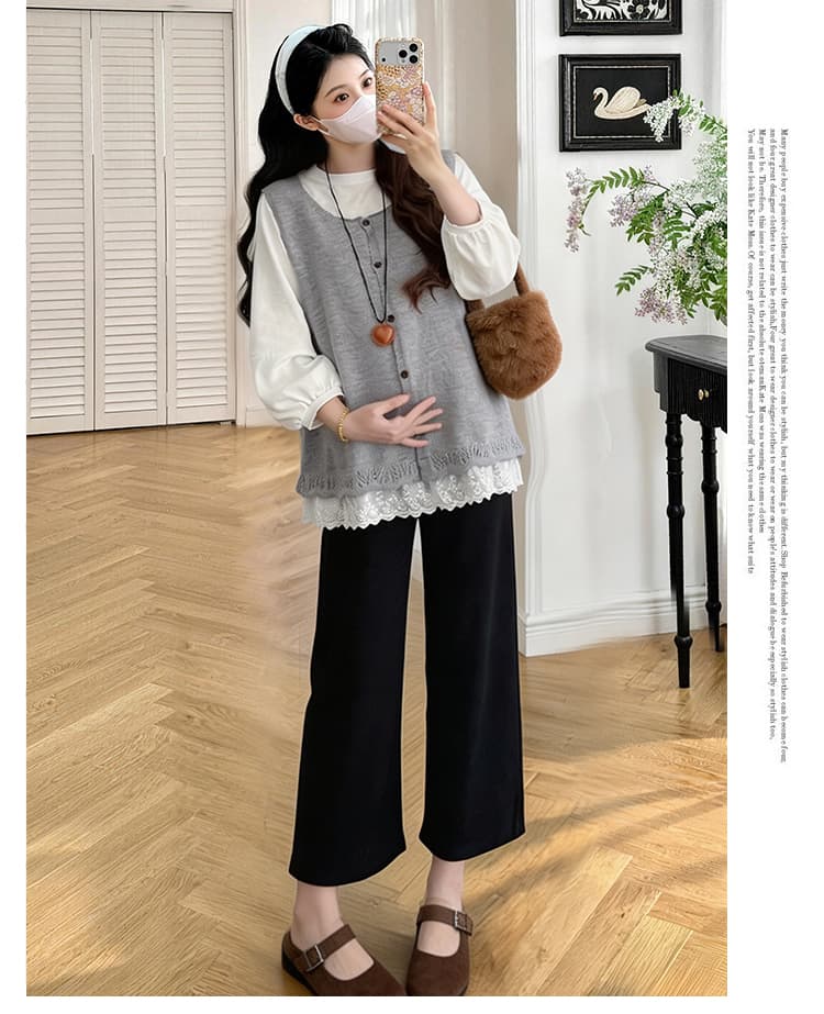 실사 봄 가을 새로운 캐주얼 루즈핏 만나는 맨위 느긋한 바람 레이스 조각 니트 베스트 투피스 세트 상세 이미지 12