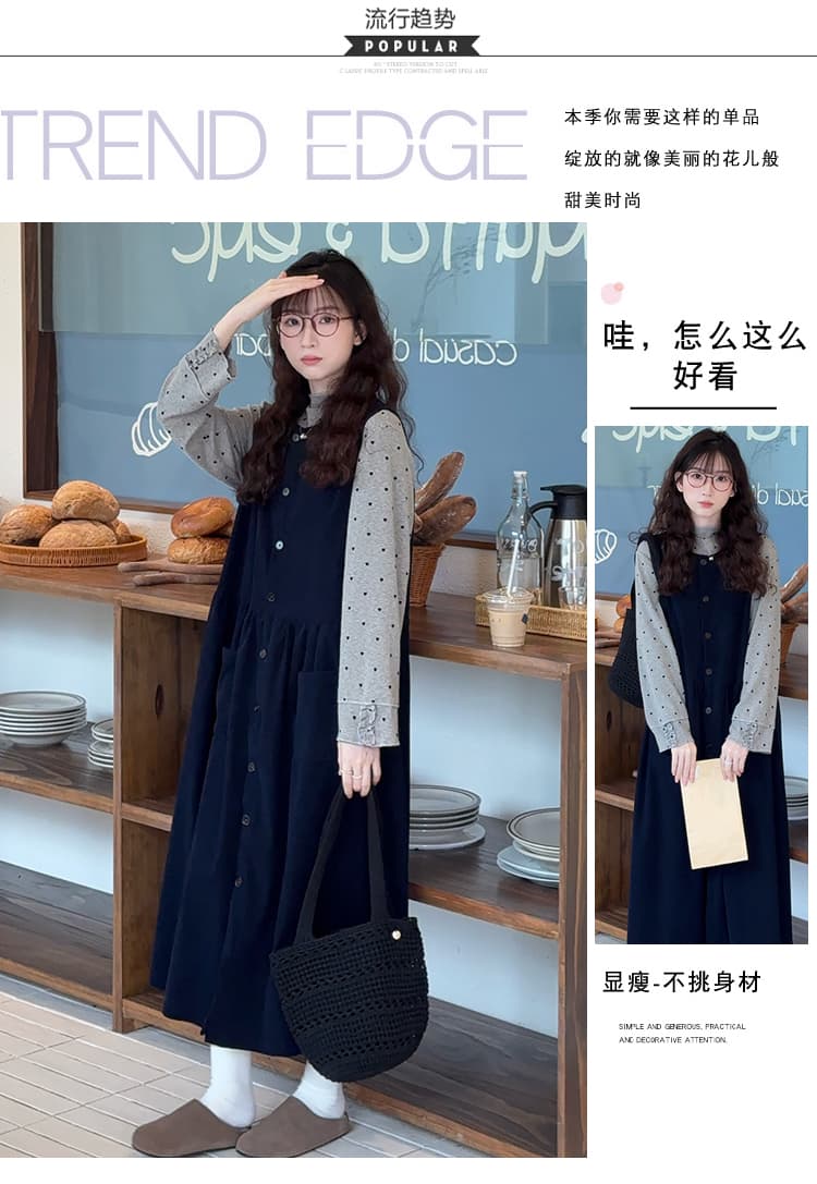 임산부 가을 겨울 한 부서 레트로 미니멀리즘 루즈핏 코듀로이 라운드 넥 싱글 줄 버튼 민소매 조끼 다용도 점프 슈트 치마 상세 이미지 3