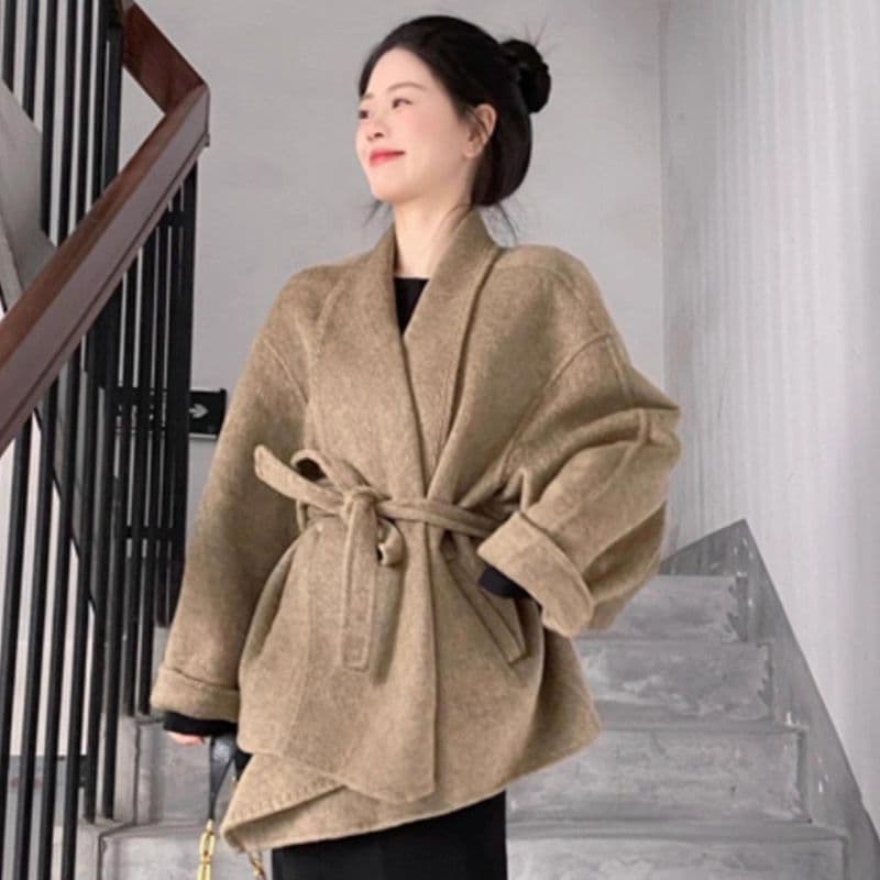 원본 품질 고유 한 슈퍼 잘 생긴 카키 색 양면 허리 수축 코트 여성 디자인 센스 모직 외투 작은 키 이미지 4