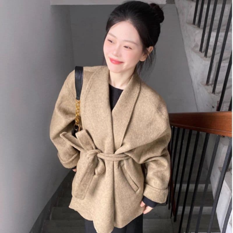 원본 품질 고유 한 슈퍼 잘 생긴 카키 색 양면 허리 수축 코트 여성 디자인 센스 모직 외투 작은 키 이미지 5