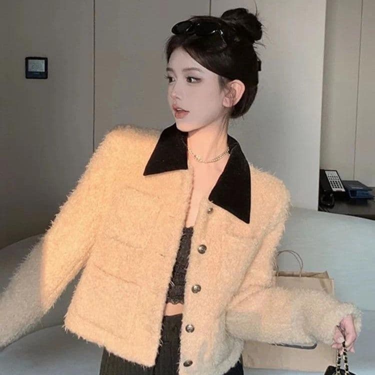 인터넷 유명인 루즈핏 재킷 샤오시엔 내피 여성 코트 2025 가을 겨울철 두꺼운 보온 배색 폴로 칼라 맨위 서비스 여성 상세 이미지 6
