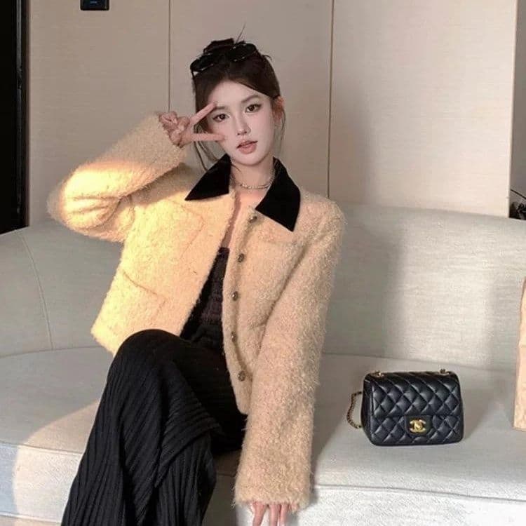 인터넷 유명인 루즈핏 재킷 샤오시엔 내피 여성 코트 2025 가을 겨울철 두꺼운 보온 배색 폴로 칼라 맨위 서비스 여성 상세 이미지 11