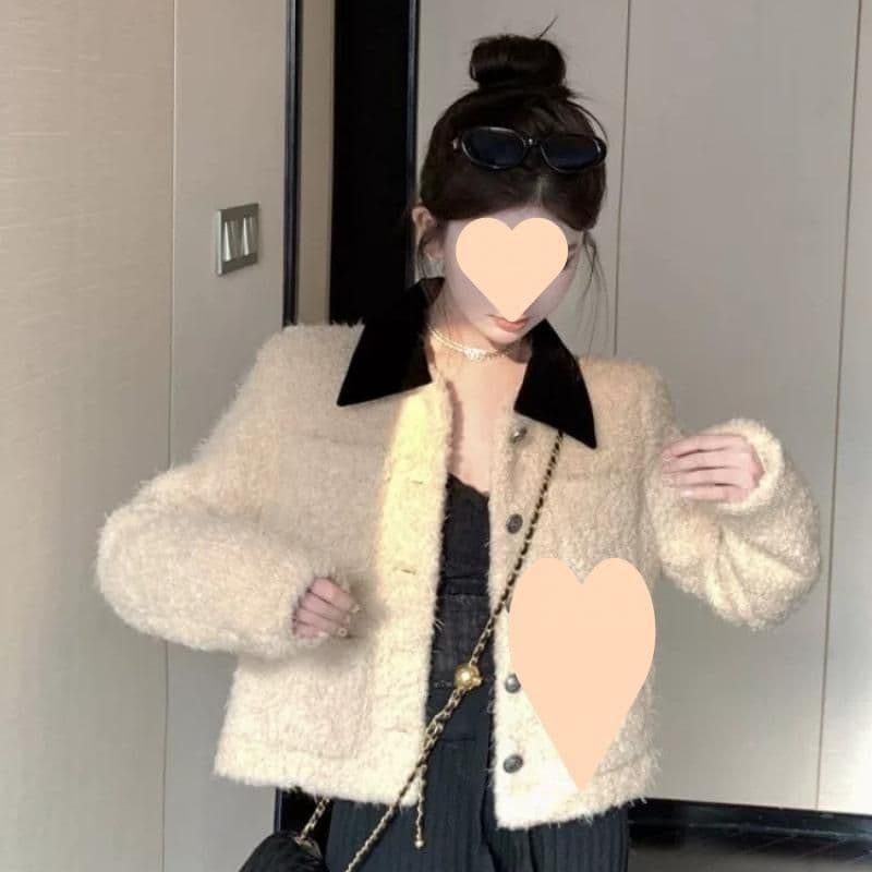 인터넷 유명인 루즈핏 재킷 샤오시엔 내피 여성 코트 2025 가을 겨울철 두꺼운 보온 배색 폴로 칼라 맨위 서비스 여성 상세 이미지 14