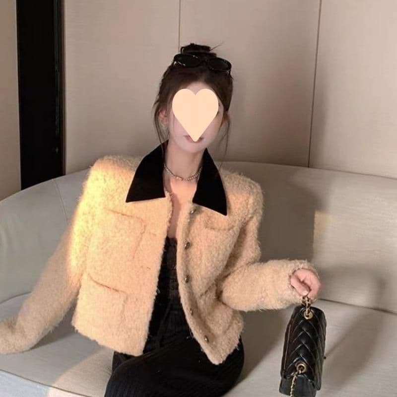 인터넷 유명인 루즈핏 재킷 샤오시엔 내피 여성 코트 2025 가을 겨울철 두꺼운 보온 배색 폴로 칼라 맨위 서비스 여성 상세 이미지 19