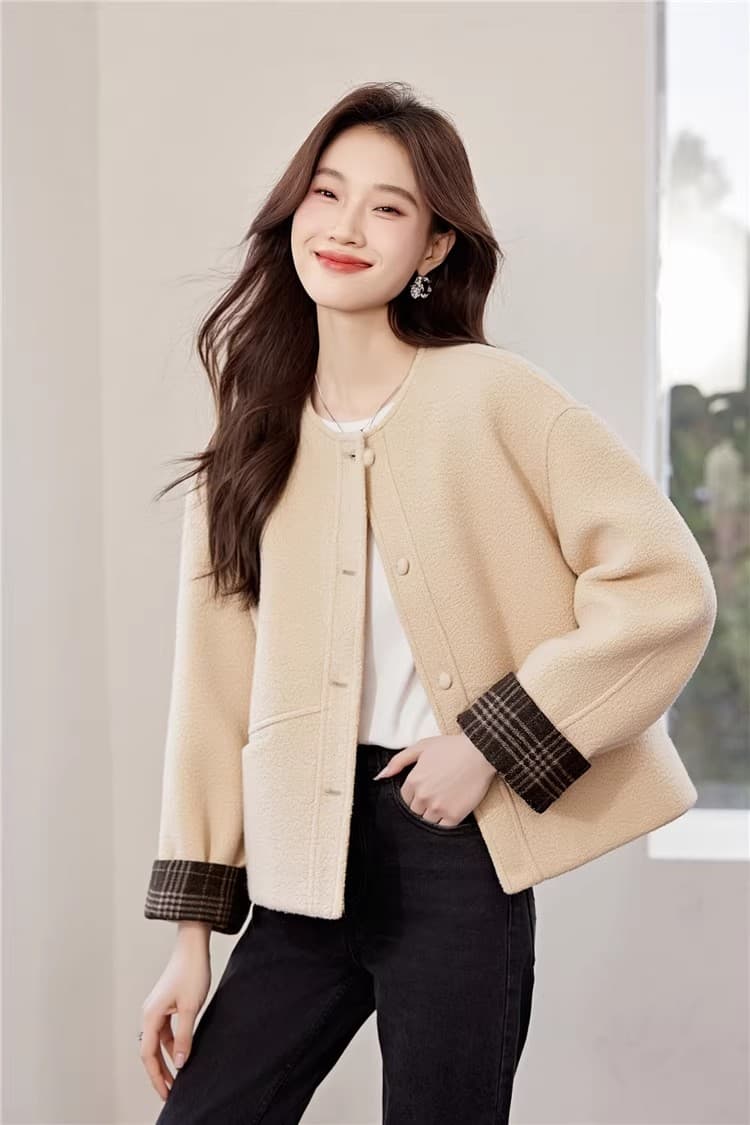작은 샤넬 스타일 새로운 쇼트 스타일 요금 플러시 두꺼운 일반 섹션 겨울 단색 두꺼운 스타일 긴팔 모직 외투 품격 재킷 상세 이미지 5