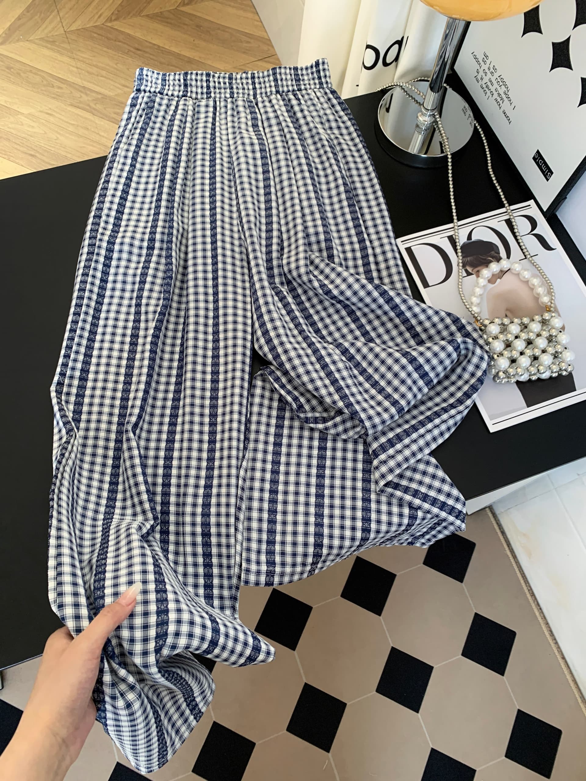 여름 파란색 패치워크 레이스 체크무늬 바지 여성 하이웨이스트 다용도 도루 센스 루즈핏 느긋한 바람 캐주얼 넓은 다리 길이 바지 상세 이미지 8