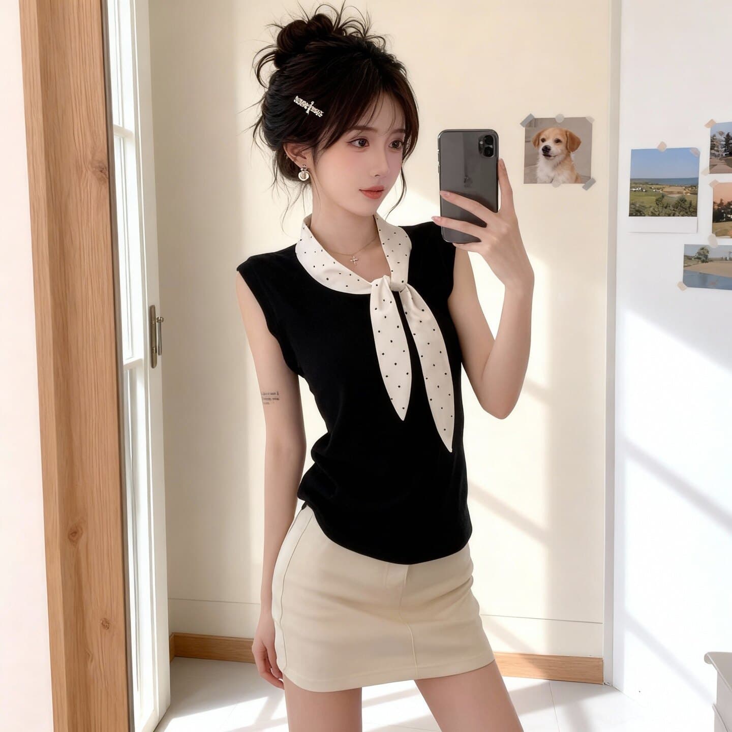 원본 품질 한 부서 착용 가져 가라. 나비 매듭 도트 무늬 핫걸 자이언트 잘 생긴 디자인 센스 허리 수축 민소매 맨위 여성 상세 이미지 4