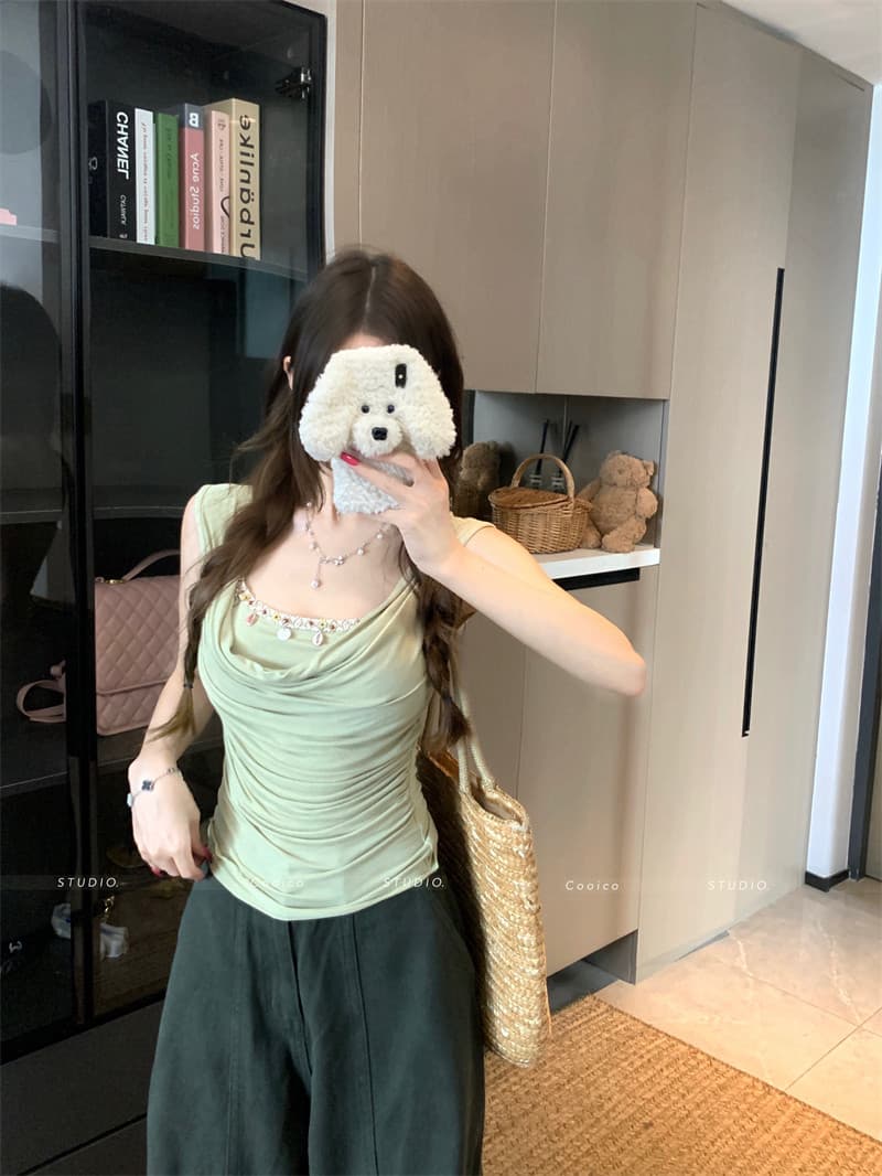 원본 것 패치워크 페이크 레이어드 흔들다 칼라 민소매 티셔츠 여성 여름 허리 수축 핫걸 몸매 가꾸기 맨위 상세 이미지 8
