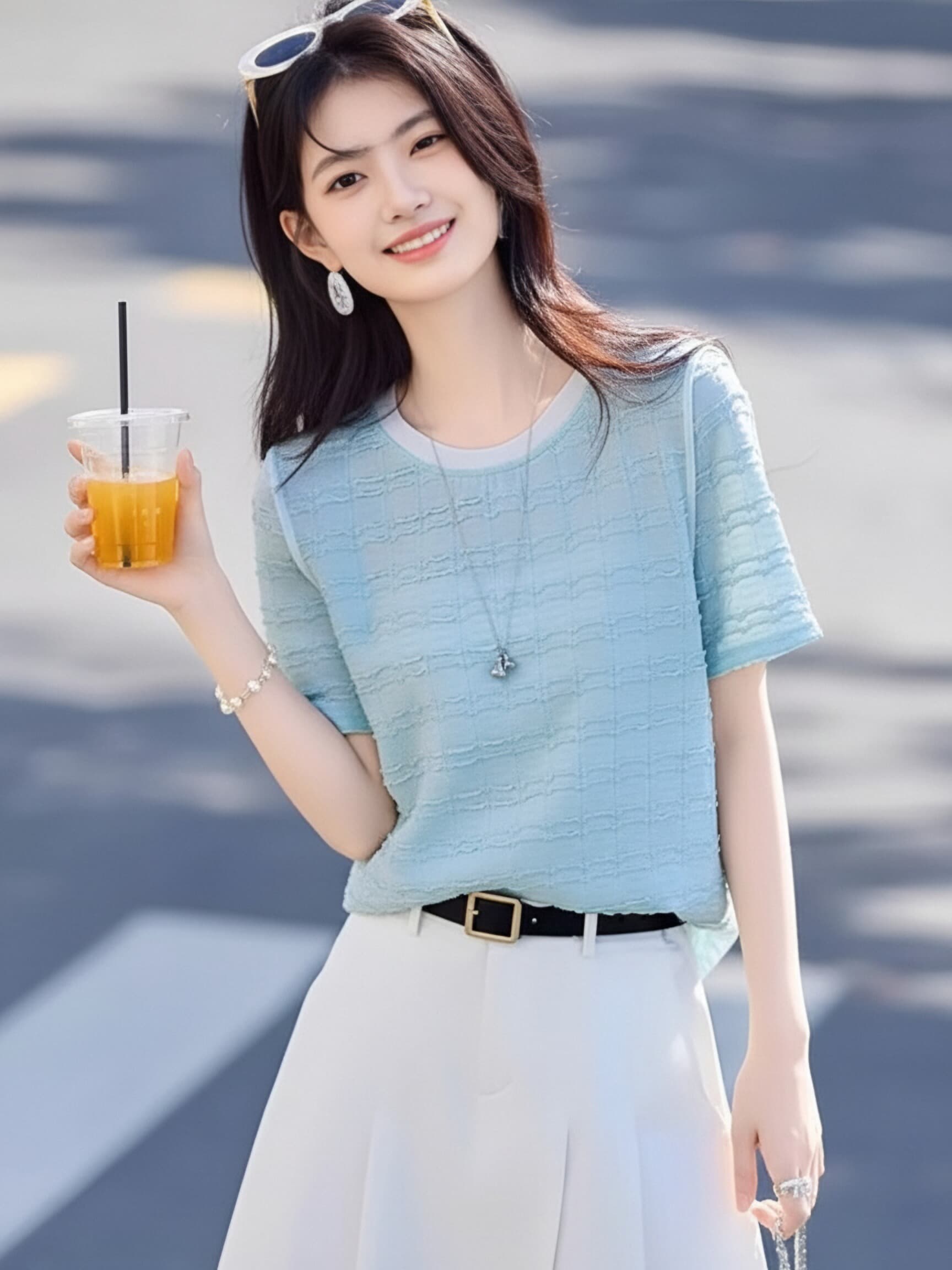 질감 센스 반팔 티셔츠 여성 여름 배색 라운드 넥 루즈핏 부드러운 연령 감소 작은 키 디자인 센스 느슨함 맨위 상세 이미지 3