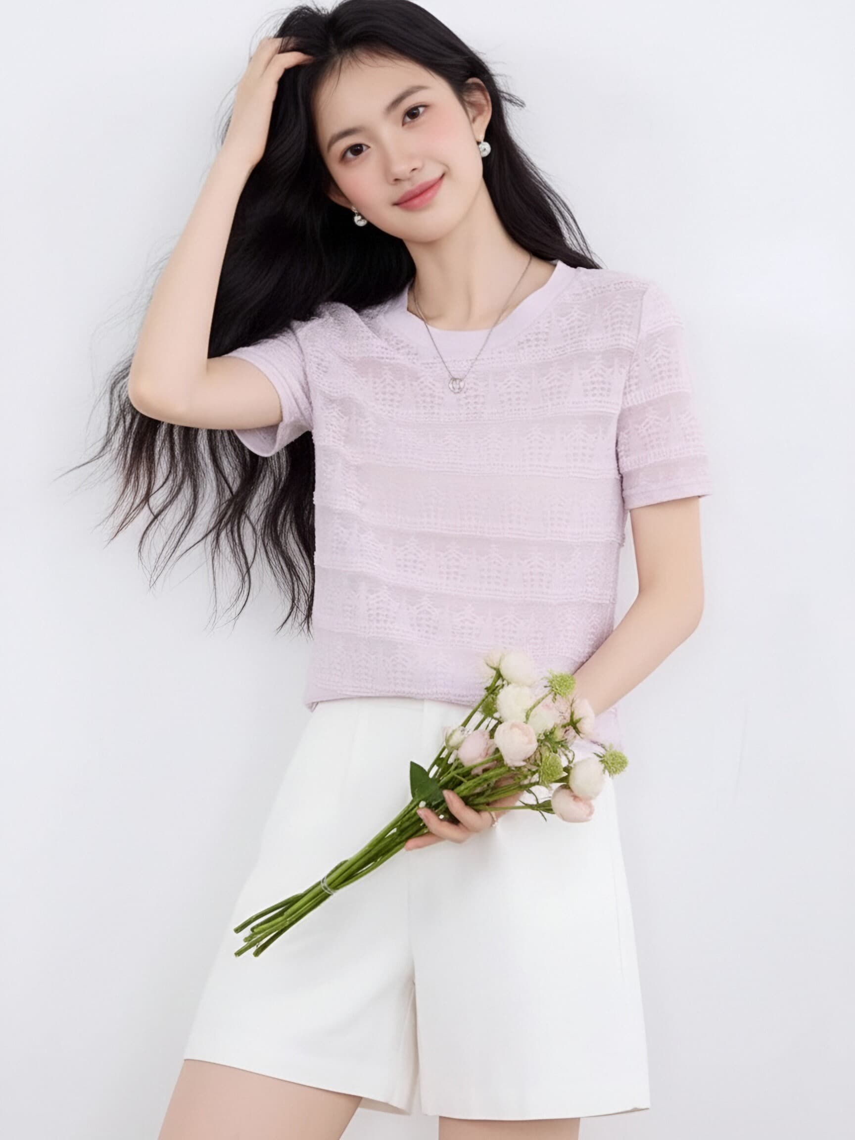 프랑스식 부드러운 바람 홀로우 아웃 니트 스웨터 여성 여름 새로운 반팔 슬림해 보이는 다용도 캐주얼 질감 센스 라운드 넥 티셔츠 상세 이미지 7