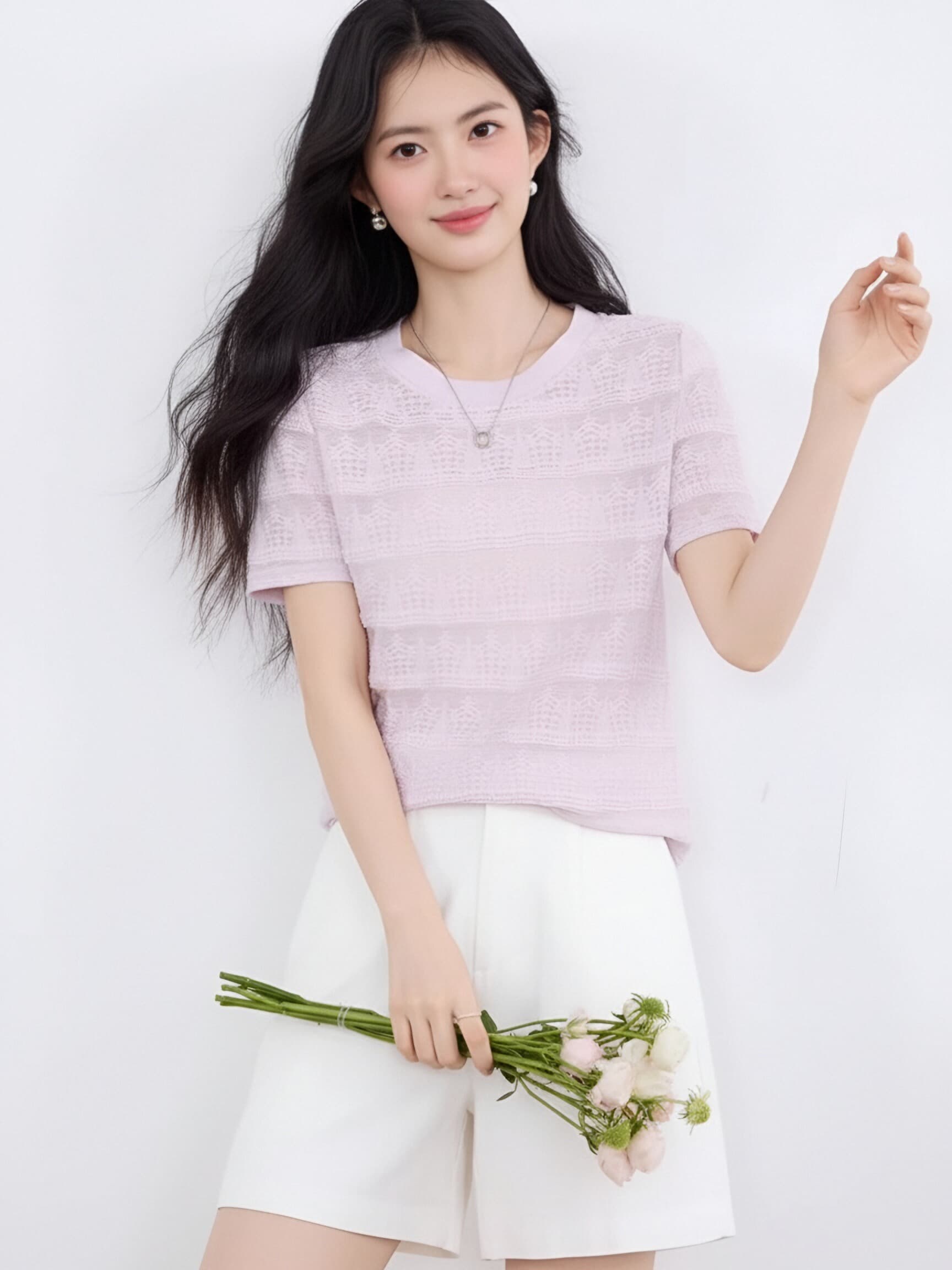 프랑스식 부드러운 바람 홀로우 아웃 니트 스웨터 여성 여름 새로운 반팔 슬림해 보이는 다용도 캐주얼 질감 센스 라운드 넥 티셔츠 상세 이미지 8