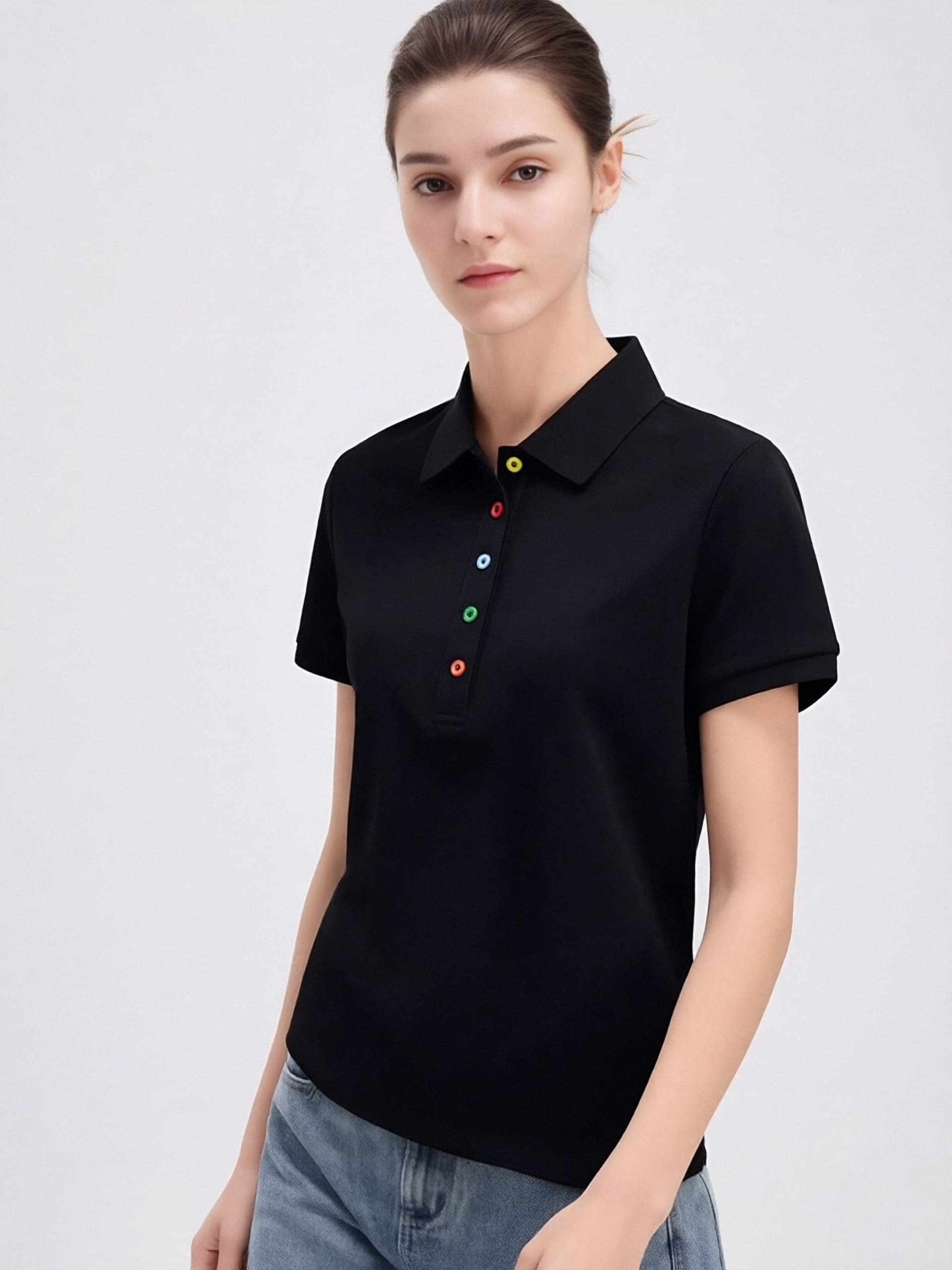 화이트 반팔 POLO 셔츠 여성 여름 새로운 색상 단추 폴로 칼라 비즈니스 캐주얼 다용도 POLO 칼라 맨위 상세 이미지 5