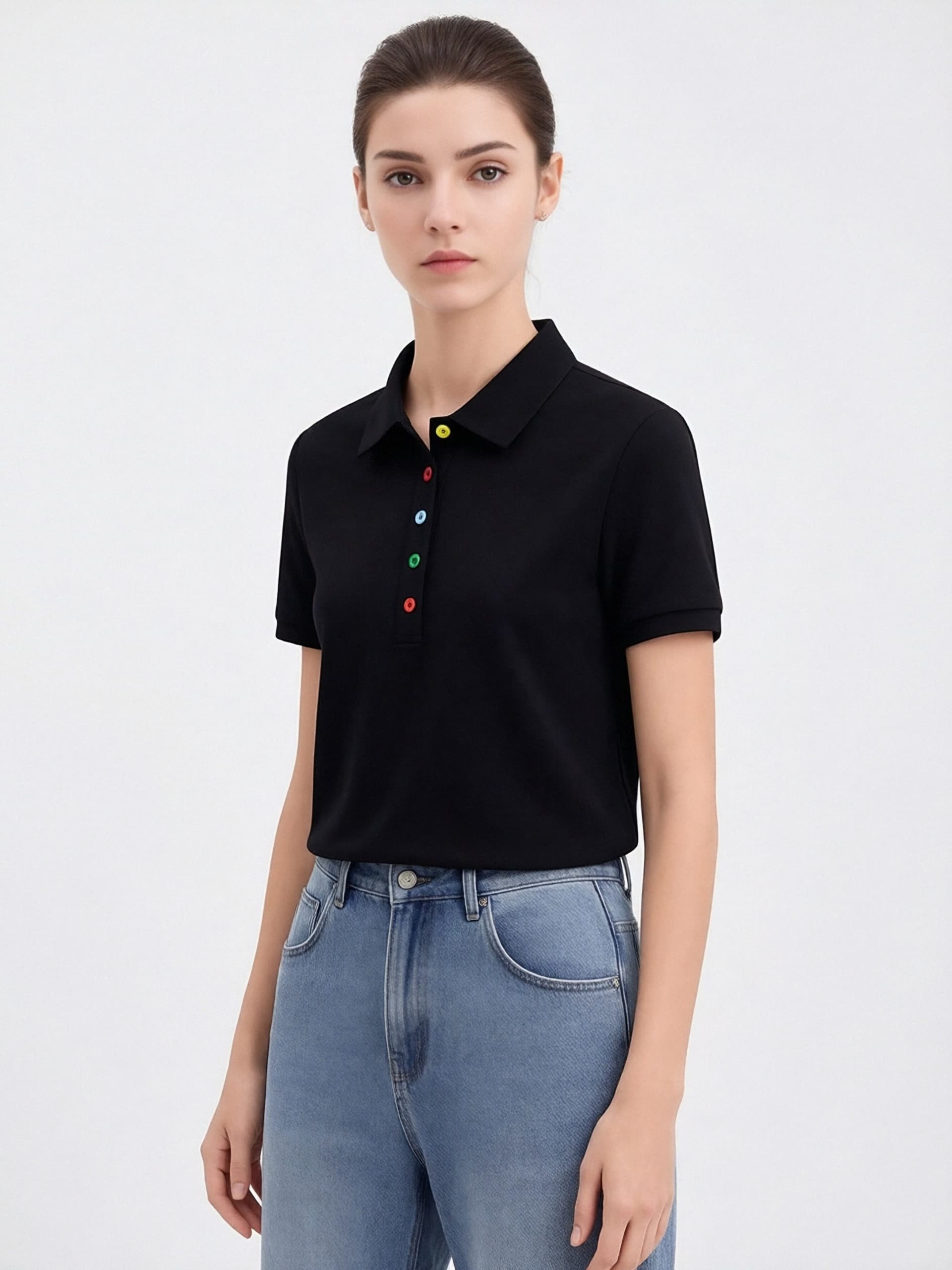 화이트 반팔 POLO 셔츠 여성 여름 새로운 색상 단추 폴로 칼라 비즈니스 캐주얼 다용도 POLO 칼라 맨위 상세 이미지 6