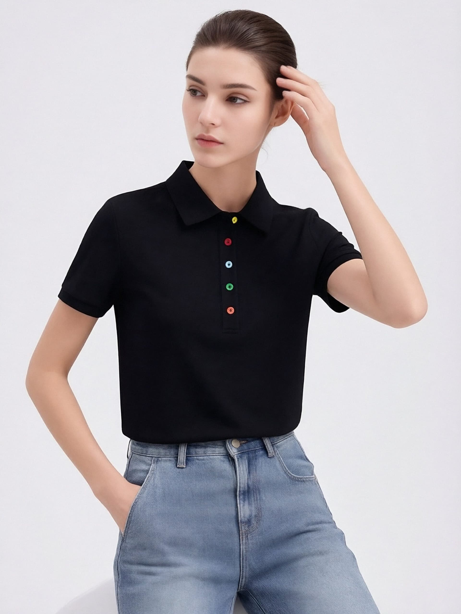 화이트 반팔 POLO 셔츠 여성 여름 새로운 색상 단추 폴로 칼라 비즈니스 캐주얼 다용도 POLO 칼라 맨위 상세 이미지 7